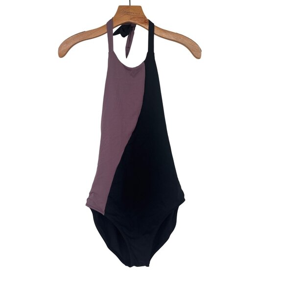 Athleta Womens Halter One-Piece Swimsuit Black Purple Color block size small S - Picture 2 of 6